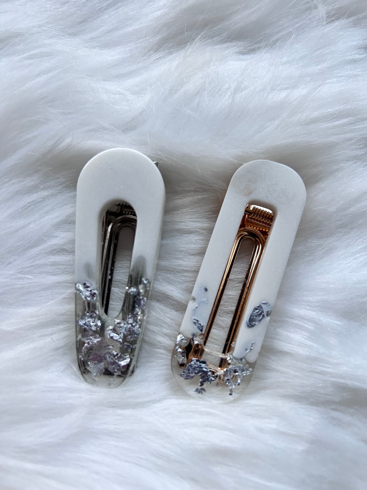 Set of 2 resin white & silver flake/foil hairclips, handmade girls hair accessories.