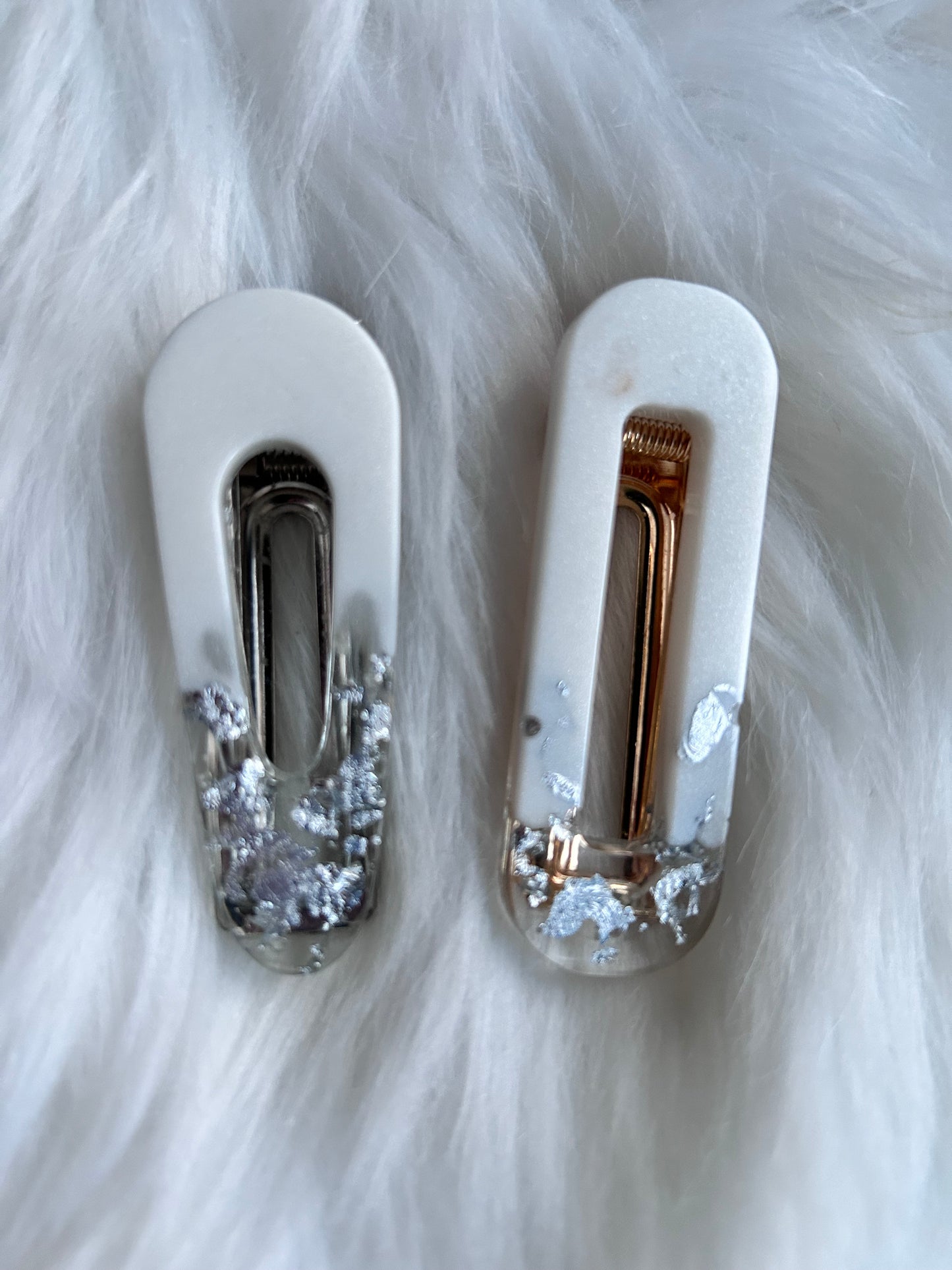 Set of 2 resin white & silver flake/foil hairclips, handmade girls hair accessories.