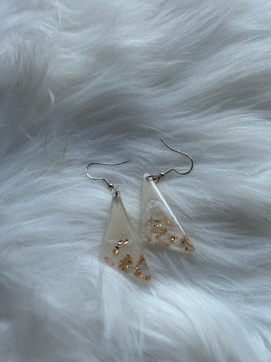 Triangular white & gold leaf  dangle earrings, sterling silver 925 drop earrings, agate gold flake earrings