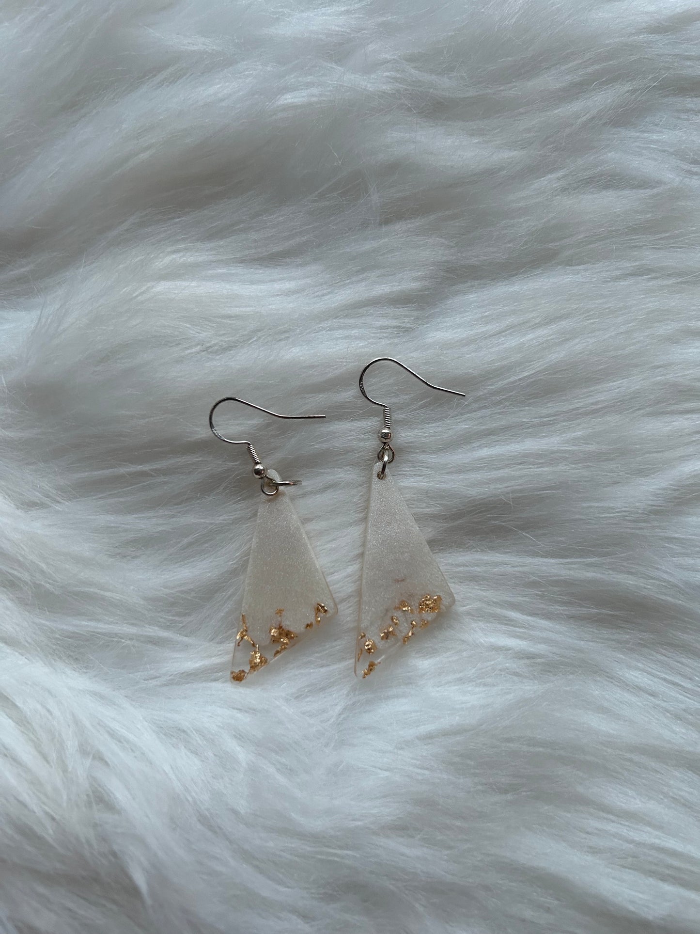 Triangular white & gold leaf  dangle earrings, sterling silver 925 drop earrings, agate gold flake earrings