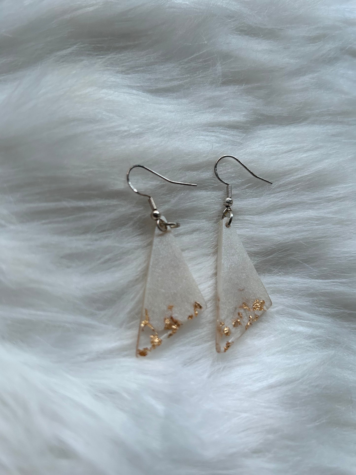 Triangular white & gold leaf  dangle earrings, sterling silver 925 drop earrings, agate gold flake earrings