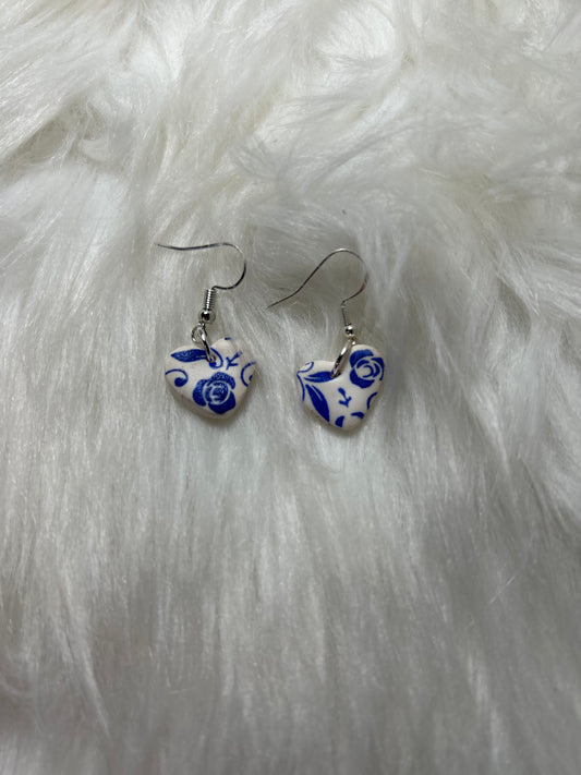 Handmade lightweight polymer clay heart drop, rose/floral print white and midnight blue 925 sterling silver earrings